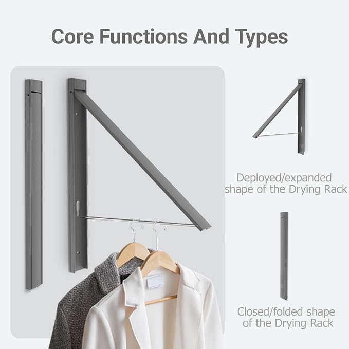 Clothes Drying Rack Folding Indoor,Laundry Room Organization,Wall Mounted Drying Racks for Laundry,Laundry Drying Rack Collapsible,Laundry Drying Rack,Retractable Clothesline (Gunmetal Gray)