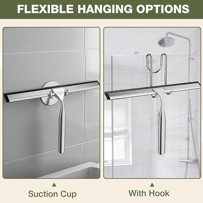 FARMER Shower Squeegee for Glass Doors, 10-Inch Glass Squeegee for Windows, Car Glass and Mirrors, Multi-Purpose Stainless Steel Squeegee with Suction Wall Hook and Over Door Hook, Silver