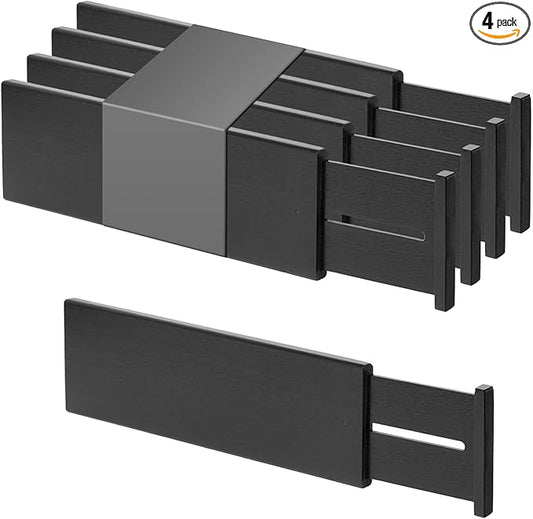 Utoplike Bamboo Drawer Dividers Large, 4" High Kitchen Drawers Organizers | For Utensils, Clothing，Spring Loaded, Works in Bathroom, Dresser, Desk, 4 PCS, Black, Fit for 18.6" to 20.6" Inner Drawer