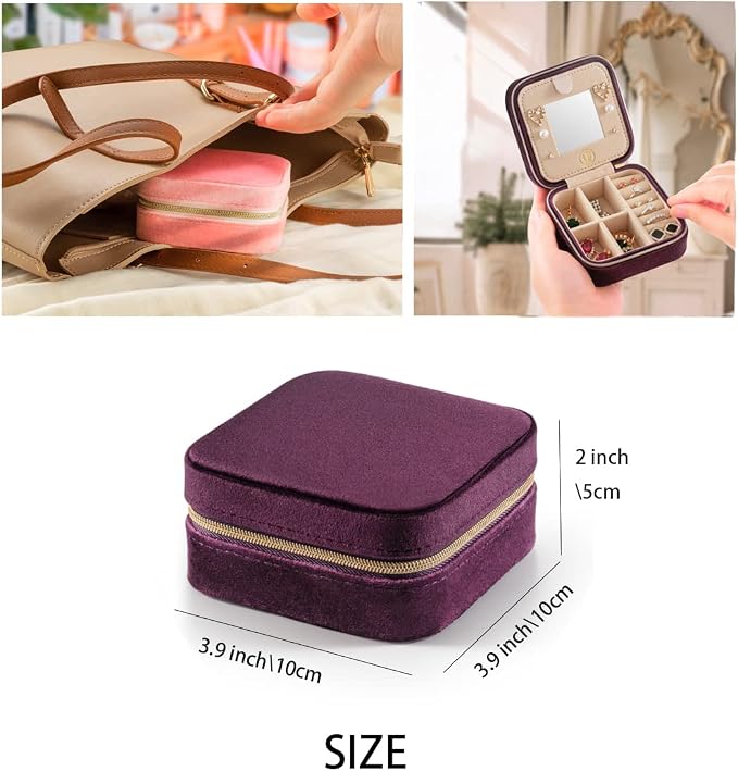 ZPROW Plush Velvet Travel Jewelry Case, Travel Jewelry Organizer, Jewelry Travel Case, Travel Jewelry Box, Small Jewelry Case for Women,Jewelry Travel Box, Earring Organizer with Mirror - Purple