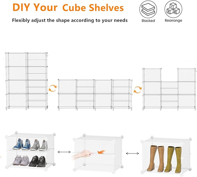 AWTATOS Closet Organizer 8 Cube Storage Shelves Clothes Organizers Closet Storage Stackable Cubby Shelving for Closet Bedroom Living Room Office, Transparent Twill