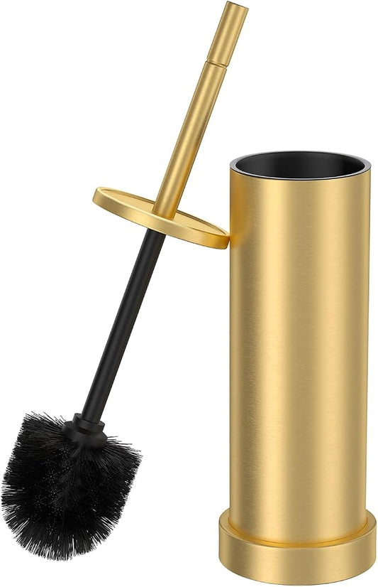 Toilet Brush and Holder Set: 304 Stainless Steel Brushed Gold Toilet Bowl Brush and Holder with Removable Inner Bowl and Splash Protection, Heavy Duty Long Handle Bathroom Cleaning Tool