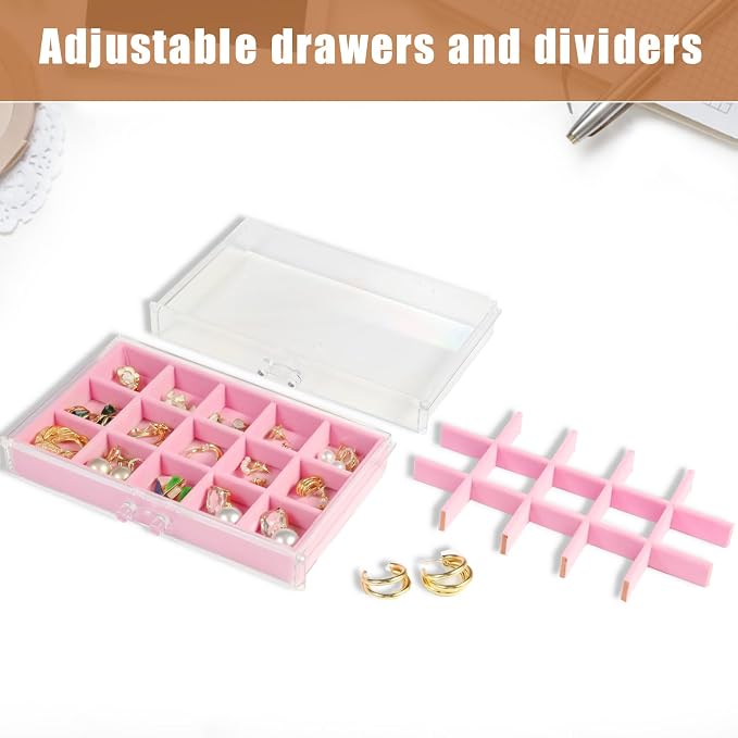 GUOER Earring Organizer, Acrylic Jewelry Box with 5 Drawers for Women, Pink | Clear Earring Holder Organizer Box, Stud Earring Ring Display Storage Case Large, Adjustable Velvet Trays Girls Gifts