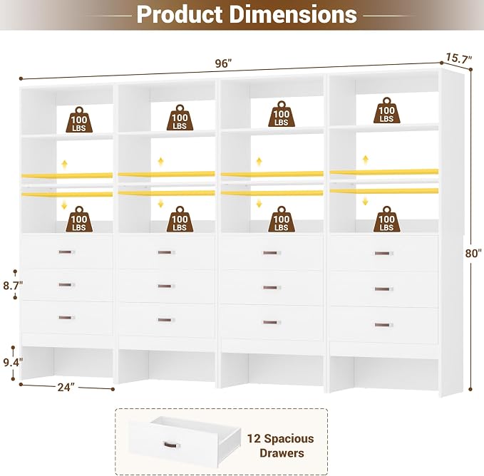 8FT Closet System with Leather Handles, 96" Walk-in Closet Storage Unit with Cabinet, Wood Wardrobe Closet Organizer and Storage with 12 Drawers, Set of 4, White