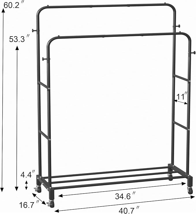 Sooyee Double Rod Clothing Rack with Wheels, 3 Tier, Black | Garment Racks for Hanging Clothes, Portable, 4 Hooks, For Bedroom, Laundry Room