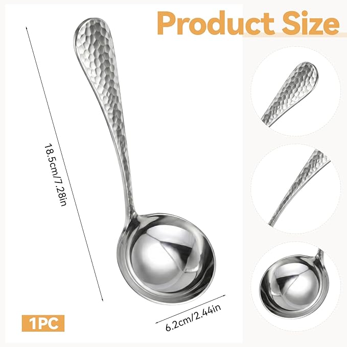 7.3 Inch Silver Small Ladle, Stainless Steel Gravy Soup Spoon, Hammered Gravy Ladle, Sauce Ladles, Cooking Ladles for Serving Soup, Sauces, Gravies