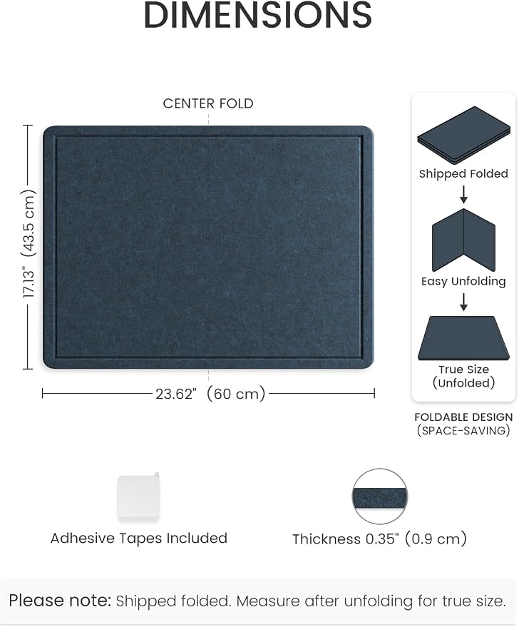 Fluxynara 23.6" x 17.1" Bulletin Board, Carbon Blue | Cork Board Alternative with 12 Removable Adhesive Tabs, Foldable Felt Pin Board for Home, Office, Classroom & Dorm