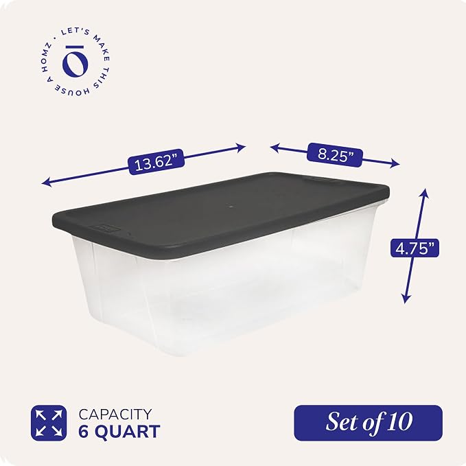 HOMZ Snaplock Clear Plastic Bin 6 Quart/1.5 Gallon | Storage Tote with Secure Lid | for Home, Office, Garage, Dorm Room Organizer | Stackable & Nestable | Black Lid, Pack of 10