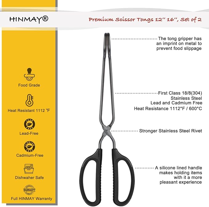 HINMAY Stainless Steel Scissor Tongs 12" and 16" Set, Extra Long Metal Kitchen Tongs for Cooking, Grilling & Serving (Set of 2, Black)