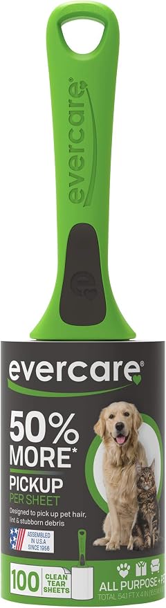 Evercare Pet Hair Lint Rollers All Purpose Use 100 Easy-Tear Sheets Per Roll Reusable Sticky Roller Pets Cat & Dog Hair Remover Contoured Handle for Furniture Clothing & Cars, Green (Pack of 12)