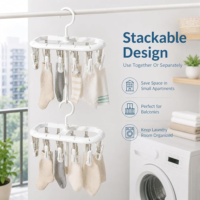 2PCS Clothes Hangers with 32 Clips Hooks, Plastic Sock Hanger, Stackable Laundry Drying Rack for Underwear, Clothes Airer with Swivel Hook, Portable Small Item Organizer for Bathroom Balcony Daily Use