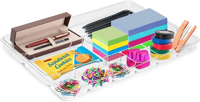 Manaloom Desk Drawer Organizer Tray with 9 Storage Compartments - For Home and Office - Drawer Organizers Office, Perfect Organizing Pens, Pencils, Paper Clips, Sticky Notes - Clear - 2 Pack