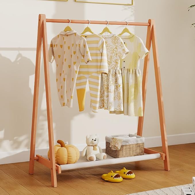 Kids Clothing Rack,Foldable Beechwood Small Baby Clothes Rack with Bottom Storage Shelf,for Laundry Drying,Mini,Floor Standing,Portable(39.4" L)