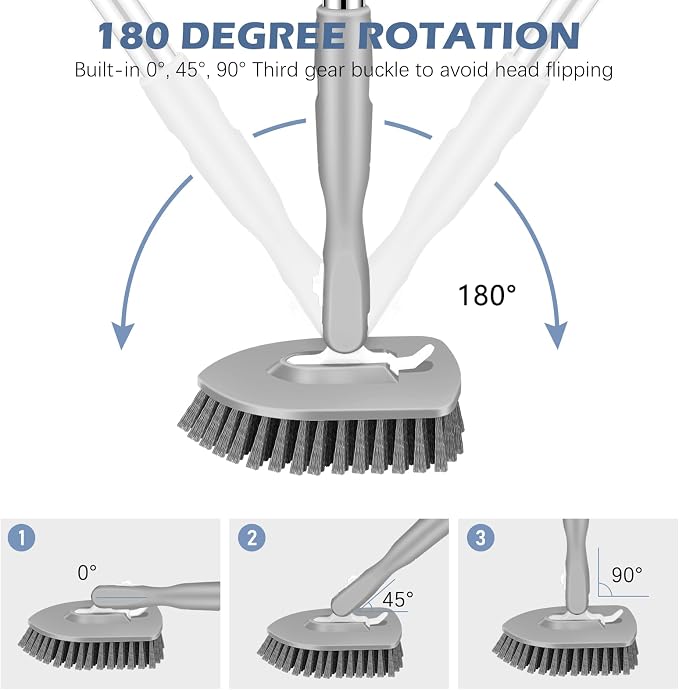 SetSail Tile Tub Scrubber Brush 3-in-1 Shower Scrubber with Adjustable Long Handle Shower Cleaner Brush and 3 Detachable Replacement Brush Heads for Cleaning Bathroom Kitchen Walls Tub Tile,Grey