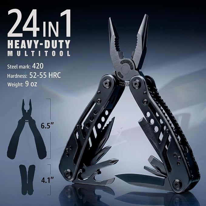 24-in-1 Multitool with Knife, Pliers & 11 Magnetic Bits - Black Stainless Steel Multi Tool for Camping, Hiking, EDC - Gift for Men 2238B