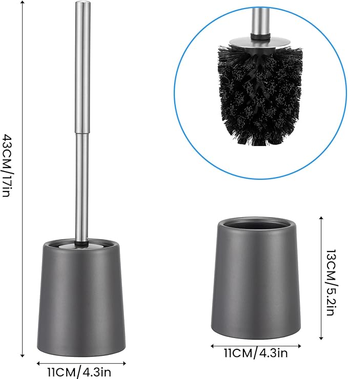 Toilet Brush and Holder Case and Stainless Steel Handle Toilet Cleaning Brush Double Layer Holder Long Brush Handle High Density Bristles Toilet Bowl Brushes Grey