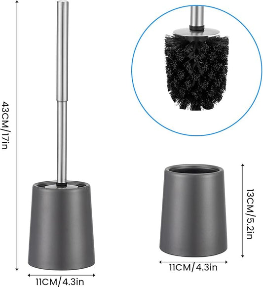 Toilet Brush and Holder Case and Stainless Steel Handle Toilet Cleaning Brush Double Layer Holder Long Brush Handle High Density Bristles Toilet Bowl Brushes Grey