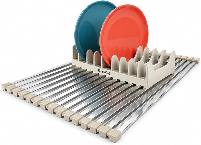 Medium Aluminum Roll Up Dish Drying Rack (17" x 13") - Fits Sinks up to 16 Inches, Heavy Duty Square Bar, Rust-Proof & Heat Resistant with Removable Dish Holder (Beige Medium)