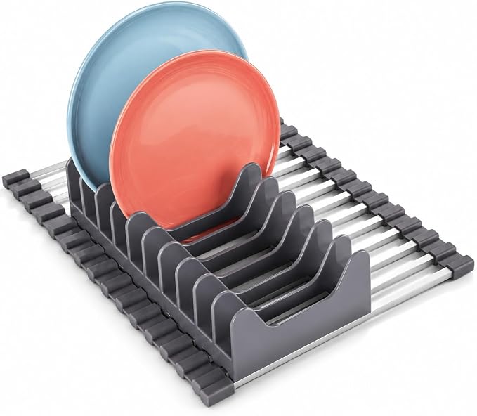 Small Aluminum Roll Up Dish Drying Rack with Removable Dish Holder (9" × 13") for Camping, RV, Camper, Boat & Narrow Sinks, Rust-Proof Square Bar, Purple Gray