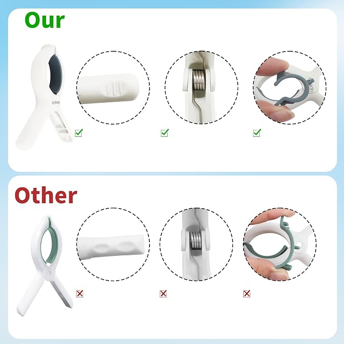 Beach Towel Clips for Beach Chairs Cruise, Strong Grip Clothes Pins Non-Slip Pool Chair Clips Plastic Quilt Drying Clip for Laundry Towel Clothes Blankets Set of 8, with Drawstring Bag(Blue+Khaki)