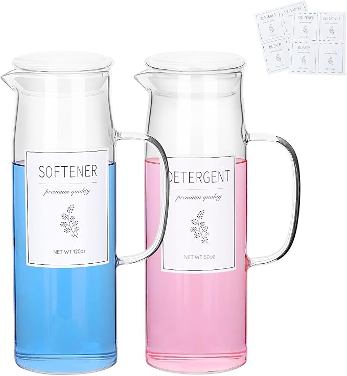 Glass Laundry Detergent Dispenser with Labels & Handles, 2 Pack | 50 oz Glass Containers, Waterproof Labels, Easy Pour Design, Laundry Room Organization, Laundry Detergent & Fabric Softener