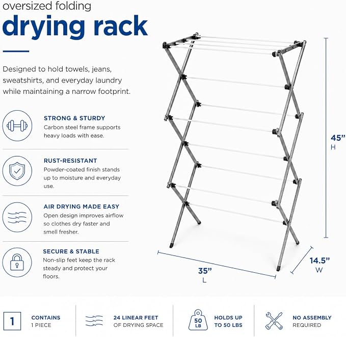 Honey-Can-Do Oversized Clothes Drying Rack, 35" Wide, 50 lb, Grey | Extra-wide 35" family-size rack holds 50lb of laundry. Rust-resistant steel folds flat; indoor or outdoor use. No Assembly
