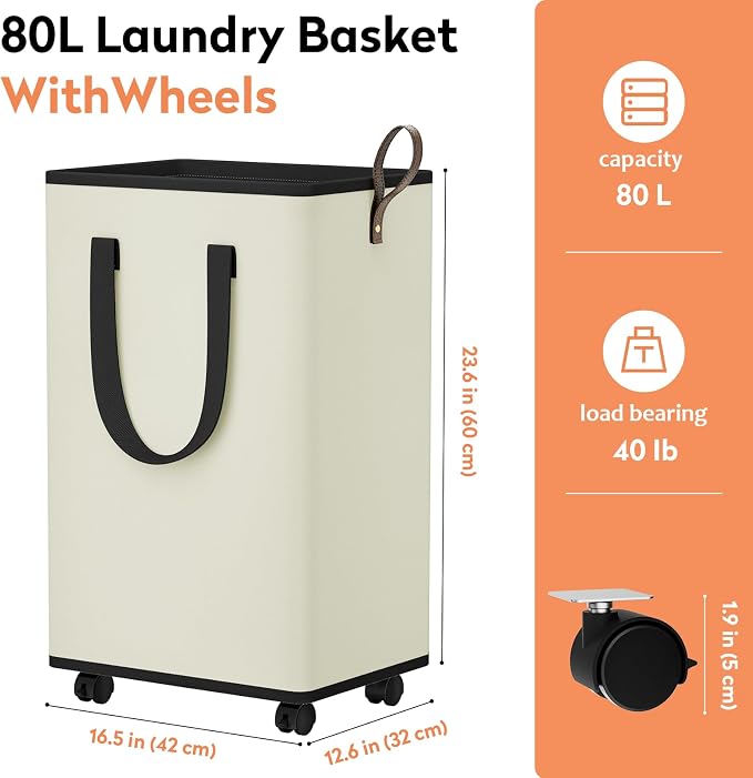 SpaceTrove Rolling Laundry Basket with Wheels, Laundry Hamper, 80L, Cream | Collapsible, 4 detachable wheels including 2 with brakes, sturdy handle, metal frame, for dorms, bathrooms and bedrooms