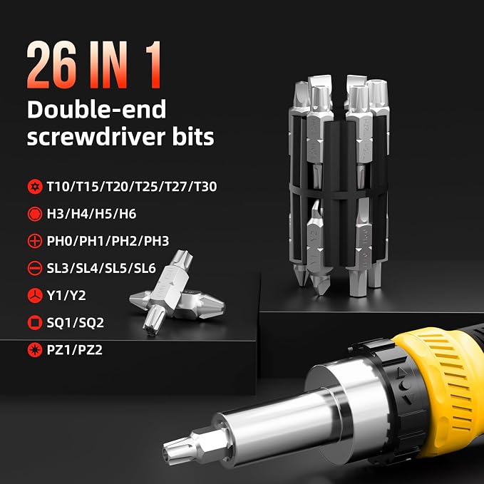 26-in-1 Ratcheting Screwdriver Set Multi Screwdriver Tool Kit | All in 1 Ratchet Screwdriver, 12 Double Ended CRV Bits Phillips Slotted Torx Hex, Portable Tool for Home Bike Computer Repair