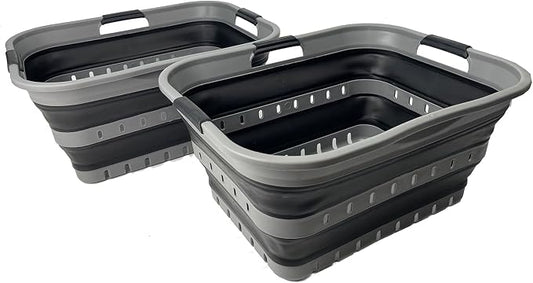 SAMMART 42 (11 Gallons) Collapsible Plastic Laundry Basket, Foldable Pop Up Storage Container/Organizer, Space Saving Hamper, Portable Bin for Dorm Room Bathroom (2, Grey/Black)
