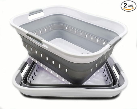 SAMMART 42L (11 gallon) Collapsible Plastic Laundry Basket - Foldable Pop Up Storage Container/Organizer - Portable Basket - Space Saving Hamper/Basket (2, White/Grey)
