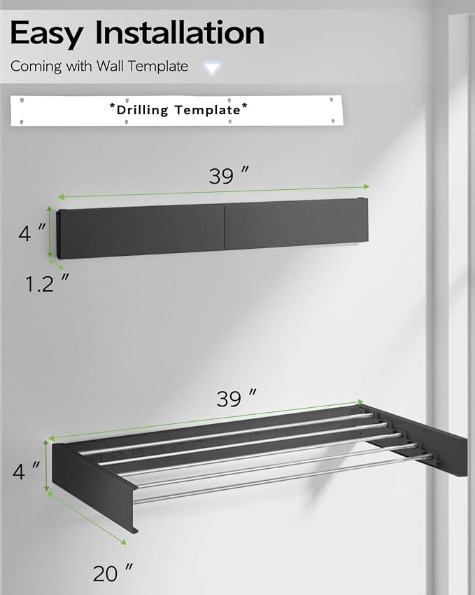Vikaqi Wall Mounted Clothes Drying Rack 40", Foldable Wall Mount Laundry Rack Folding Indoor, Drying Rack Clothing Collapsible, Hidden Space Saver with Wall Template, 6 Rods, Black