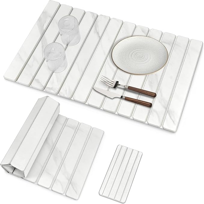 2 PCS Large Stone Dish Drying Mat for Kitchen Counter, 28"×16" Marble Dish Drying Mat with 8"x 4" Coasters, Non - Slip Collapsible Absorbent Mat for Multi - Purpose, Match Any Countertop【White】