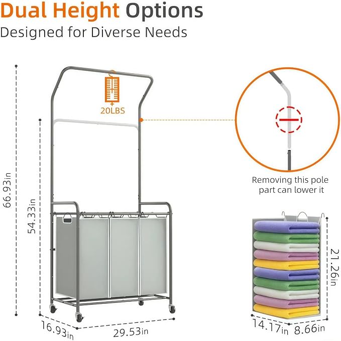 ROMOON Laundry Sorter Hamper with Hanging Bar, 3 Section Laundry Cart | Rolling Laundry Basket Organizer with Clothes Rack & Heavy-Duty Lockable Wheels for Apartment, Dorm, Small Spaces, 135L, Grey