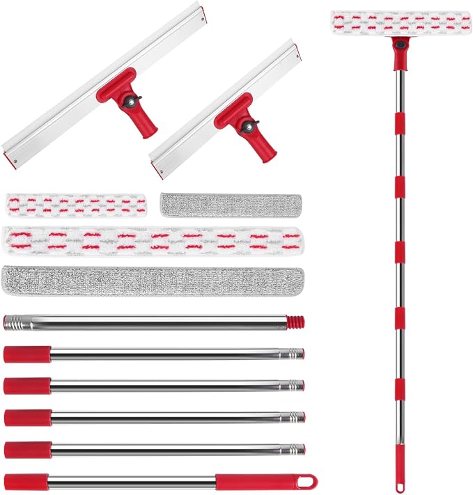 86.6" Window Squeegee for Home, Squeegee for Window Cleaning Kit with 6-Section Adjustable Long Handle, 16" & 12" Glass Scraper Squeegee for Shower Glass Doors & Windshield, Includes 4 Microfiber Pads