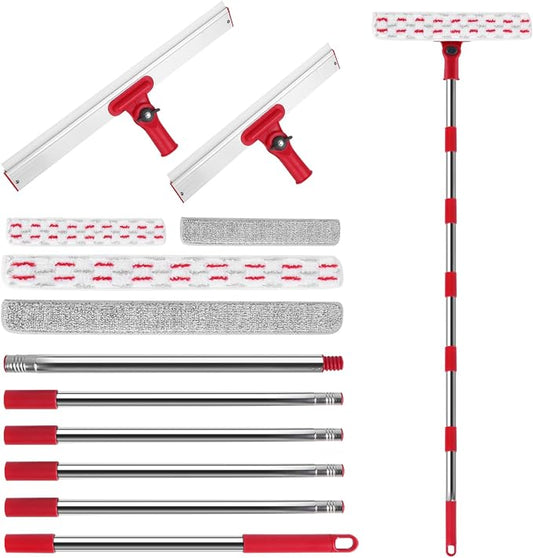 86.6" Window Squeegee for Home, Squeegee for Window Cleaning Kit with 6-Section Adjustable Long Handle, 16" & 12" Glass Scraper Squeegee for Shower Glass Doors & Windshield, Includes 4 Microfiber Pads