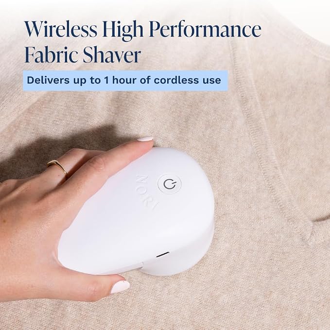 Nori Trim Fabric Shaver - Lint Remover for Clothes & Furniture - White | Couch pilling, sweater pill remover, clothes shaver with 6 precision blades, wireless and rechargeable