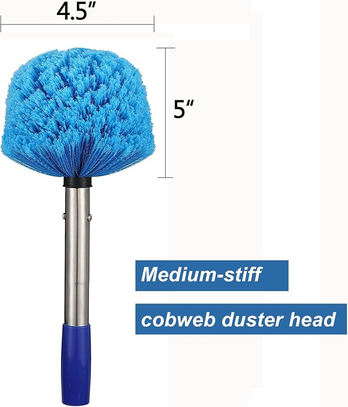 Cobweb Duster with Pole, 10ft Stainless Steel Pole Cobweb Brush with Medium-Stiff Bristles for Walls Beams Shelves Iight Fixtures and Window Screens