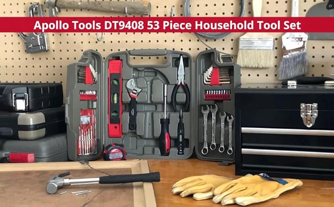 Apollo Tools 53 Piece Home Repair Tool Set with Toolbox Storage Case, Basic Tool Set for General Household Repairs and DIY, Includes Most Useful Hand Tools - Red