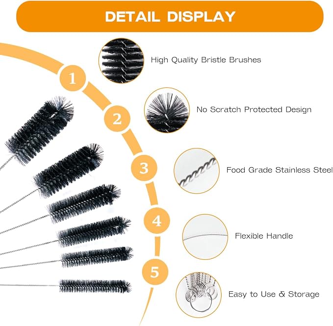 Brush Family Straw Cleaner Brush Set,6 Piece 12" Long Pipe Tube Bottle Brushes for Cleaning Narrow Neck Bottles,Coffee Maker,Glass Cups