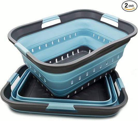 SAMMART 42L (11 gallon) Collapsible Plastic Laundry Basket - Foldable Pop Up Storage Container/Organizer - Portable Basket - Space Saving Hamper/Basket (2, Grey/Sea Angel)