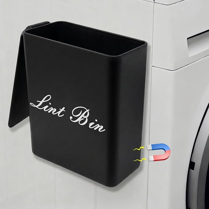 Artilife Magnetic Plastic Black Lint Bin with Lid for Laundry Room, 6 X 5 Inch Compact Wall Mount Lint Holder for Dryer, Small Black ABS Trash Can for Dryer Lint and Sheets