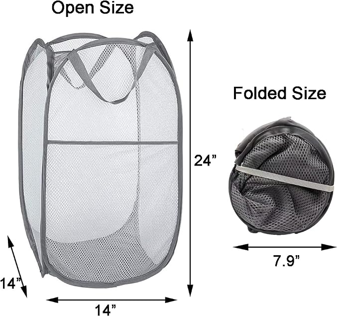 2 Pack Pop Up Laundry Hampers, Collapsible Mesh Laundry Basket, Foldable Clothes Hampers for Bathroom, College Dorm, Travel (Grey)