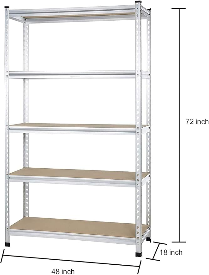 Amazon Basics 5-Tier Medium Duty Garage Shelving Unit, Sturdy Adjustable Storage Shelves, Easy to Assemble, 48" x 18" x 72", Aluminum