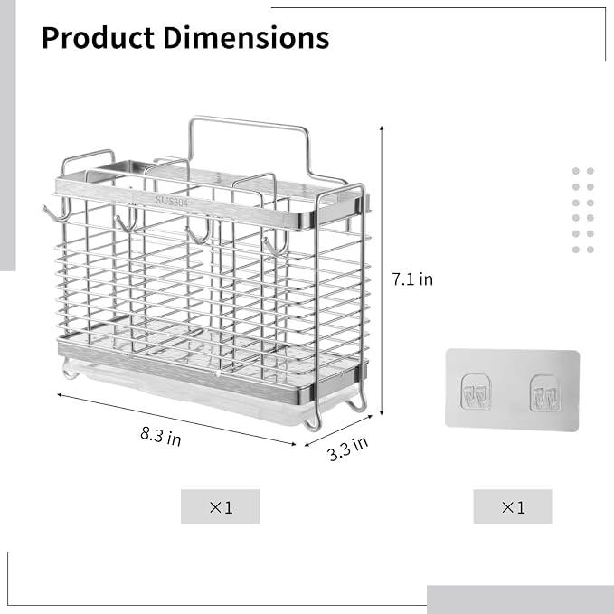 OMISTAR Silverware Drying Rack - Metal Basket, 3 Compartments Stainless Steel Wire Holder, Kitchen Countertop Organizer with 4 Hooks for Forks, Spoons, Chopsticks