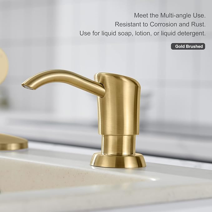 Built in Sink Soap Dispenser or Lotion Dispenser for Kitchen Sink, Brushed Gold ABS Pump Head, with 17 Ounce Large PET Soap Bottle