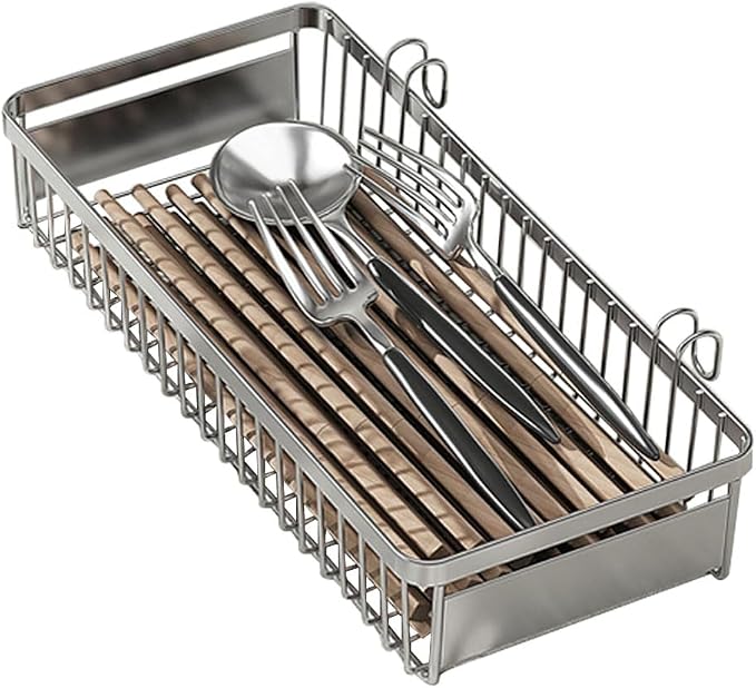 304 Stainless Steel Utensil Drying Rack/Chopsticks/Spoon/Fork/Knife Drainer Basket Flatware Storage Drainer (Square)