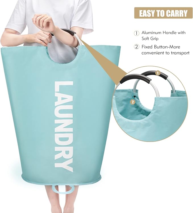 Maxsilan 90L Large Laundry Basket Bag, Collapsible Tall Hamper, Light Blue | Freestanding tall laundry bag & foldable washing basket. Extra large clothes storage bin with durable sturdy handles