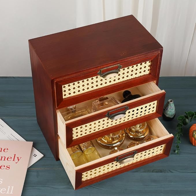 GoooodGIFT Wooden Drawers Small Wooden Box with Drawer, Brown | 3 Drawer Wood Storage Box , Vintage Desktop Organizer with Drawers, Desk Organizers for Library Card Catalog Cabinet