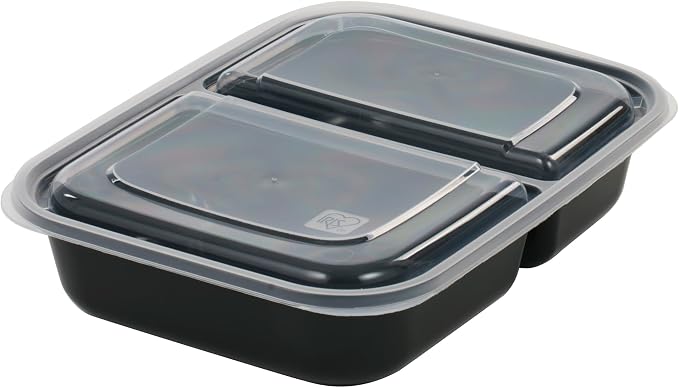 IRIS USA Meal Prep Containers, 36oz - 50 Pack (100-Piece) 2-Compartment Reusable Food Storage Containers with Lids, Plastic Kitchen Food Prep To Go Lunch Box, Microwave Freezer Dishwasher Safe, Black