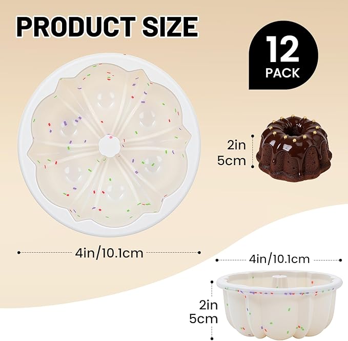 Vinino 4 Inch Silicone Fluted Tube Cake Pan with Reinforced Frame, 12-Pack | Mini Flan Molds for Baking Muffin, Jello, Pudding, Chocoflan, Nonstick Mini Cake Pan for Oven,Dishwasher Safe - Cream